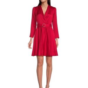 Taylor - Stretch Satin V Neck Long Sleeve Fit and Flare Rhinestone Belt Dress